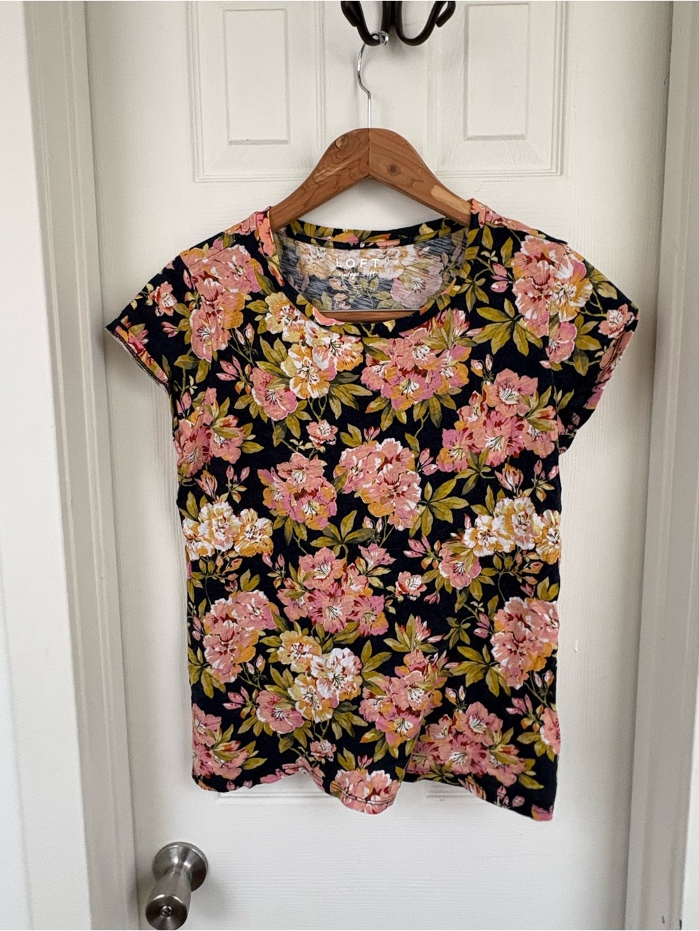 LOFT Black Tee with Pink & Green Floral Print